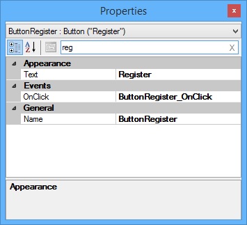 Search (Filter) Properties (in Properties window) for currently selected Control